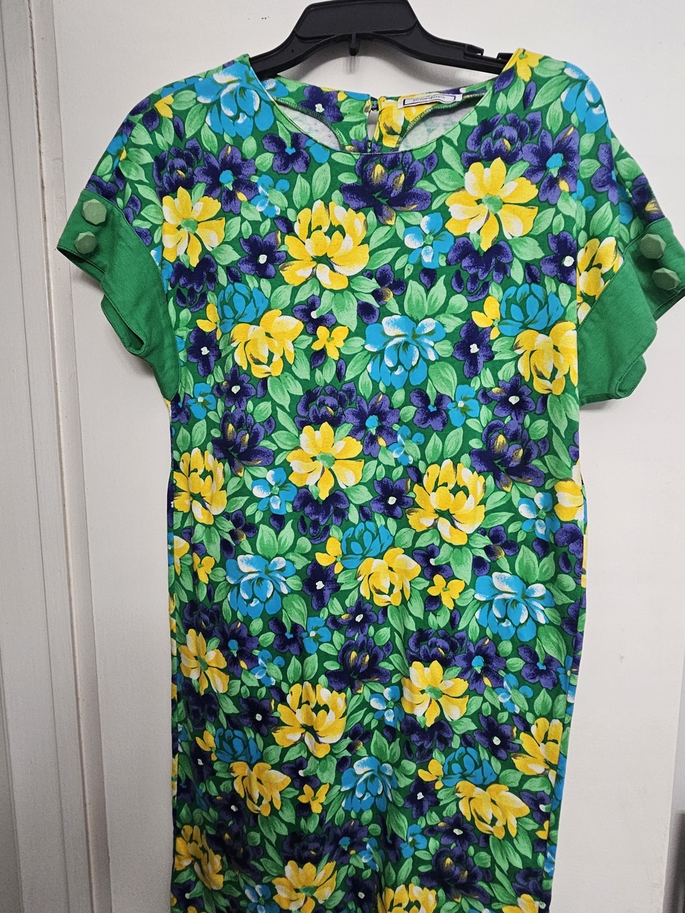 Vintage Yves Saint Laurent Green Floral Dress with Yellow & Purple Blooms